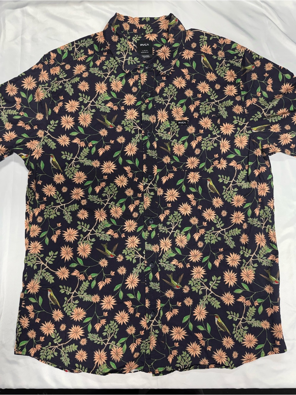 RVCA Black Short-Sleeve Button-Down Shirt with Peach Floral & Green Vine Print